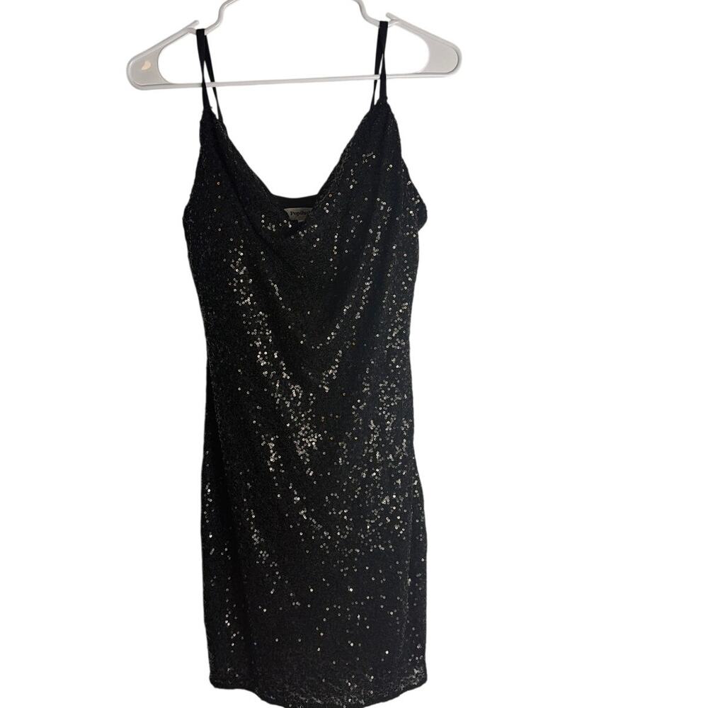 Popilush Size L Sequin Built-In Shapewear Sculpting Mini Dress Black adj. straps